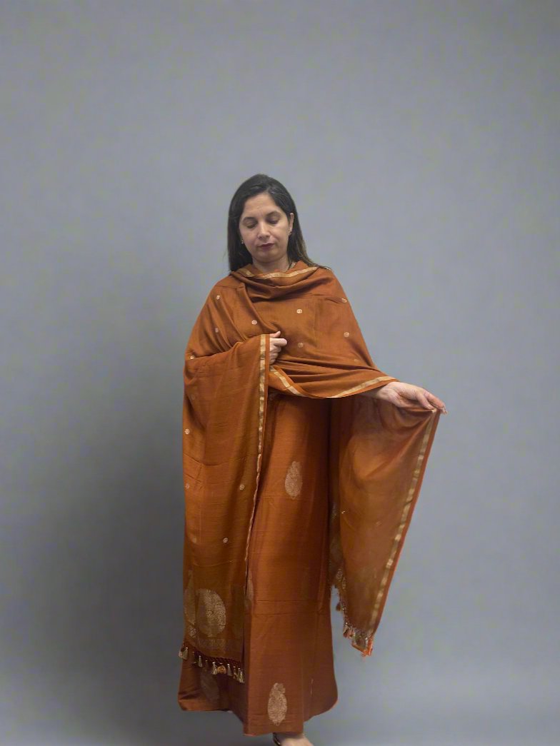 Copper Moonga Silk, Raw Silk & Handloom Silk Party Wear Suit with Handwoven Kadhwa Weave – 3-Piece Set